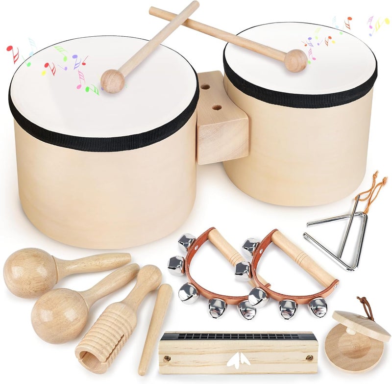 Vanplay Kids Drum Set - Toys for 2 3 Year Old Boy Gifts, Musical Instruments for Toddler 2-4, Birthday Gifts for 3 4 Year Old Girls, Wooden Montessori with Bongo Drum for Kids Age 2 3 4 5 6 - Image 1